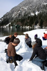 Group building snow mountain