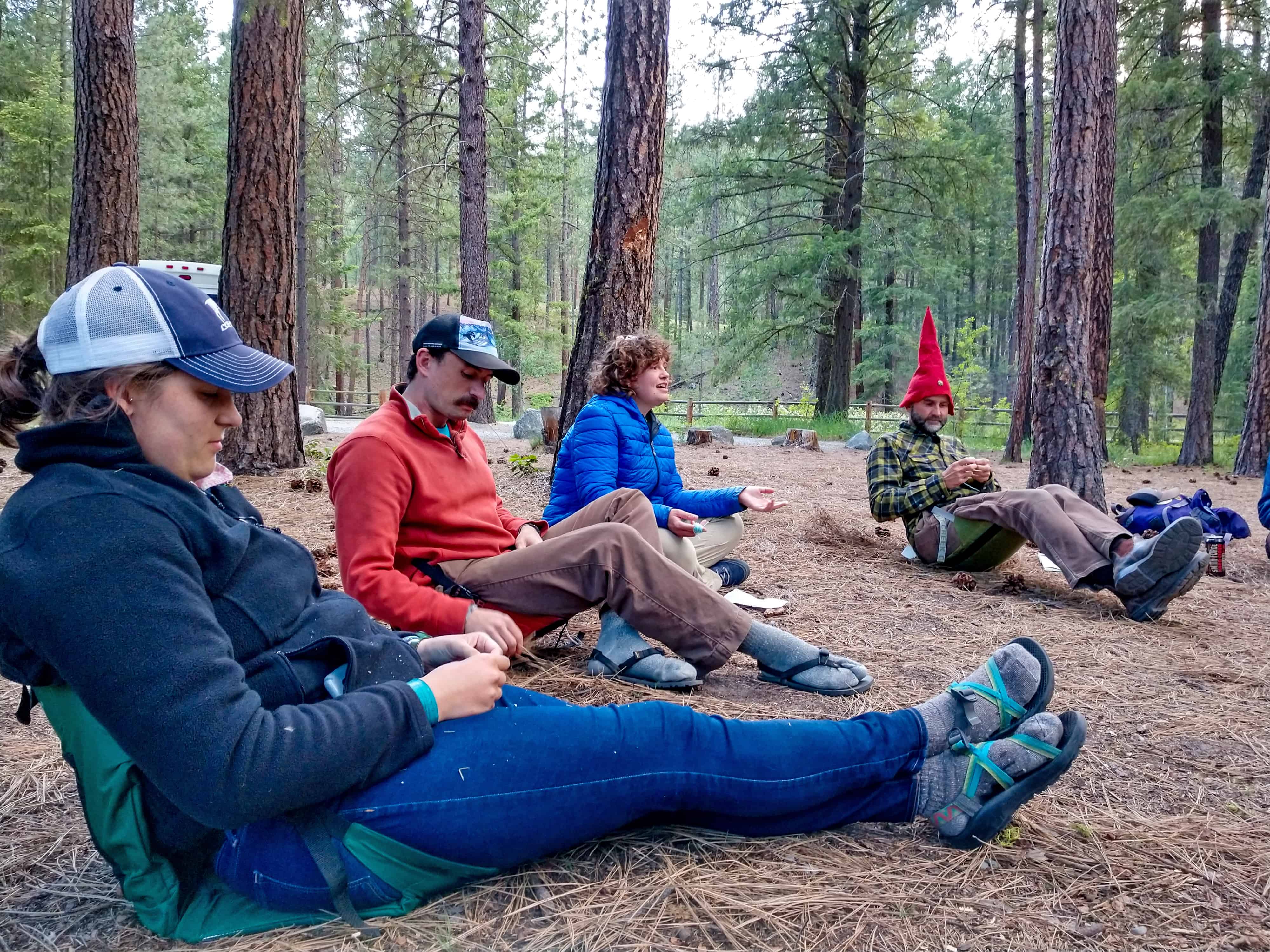 Graduate students sit in the forest while talking and learning